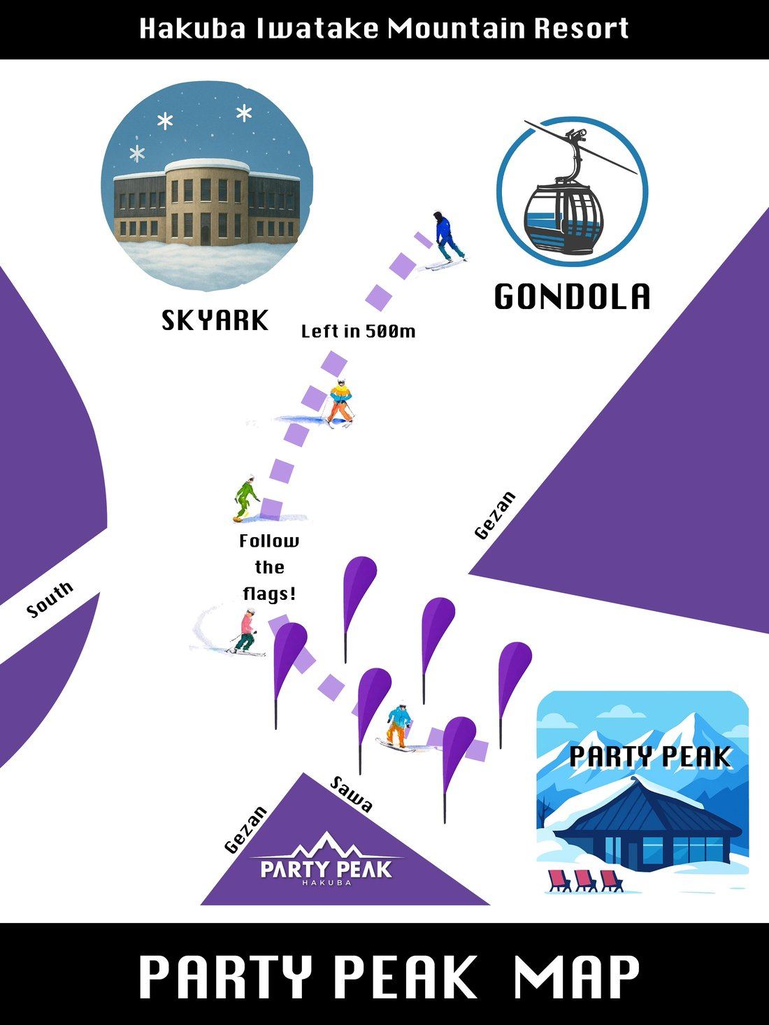 Illustrated route map from the Iwatake gondola down the Sawa run to Party Peak